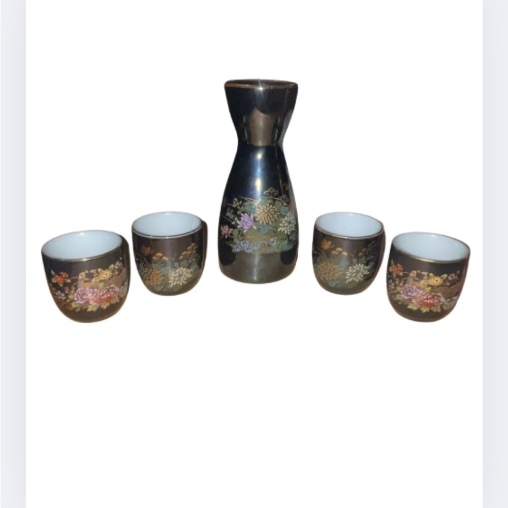 Vintage MCI Japan 5-Piece Black & Gold Peacock Floral Sake Set